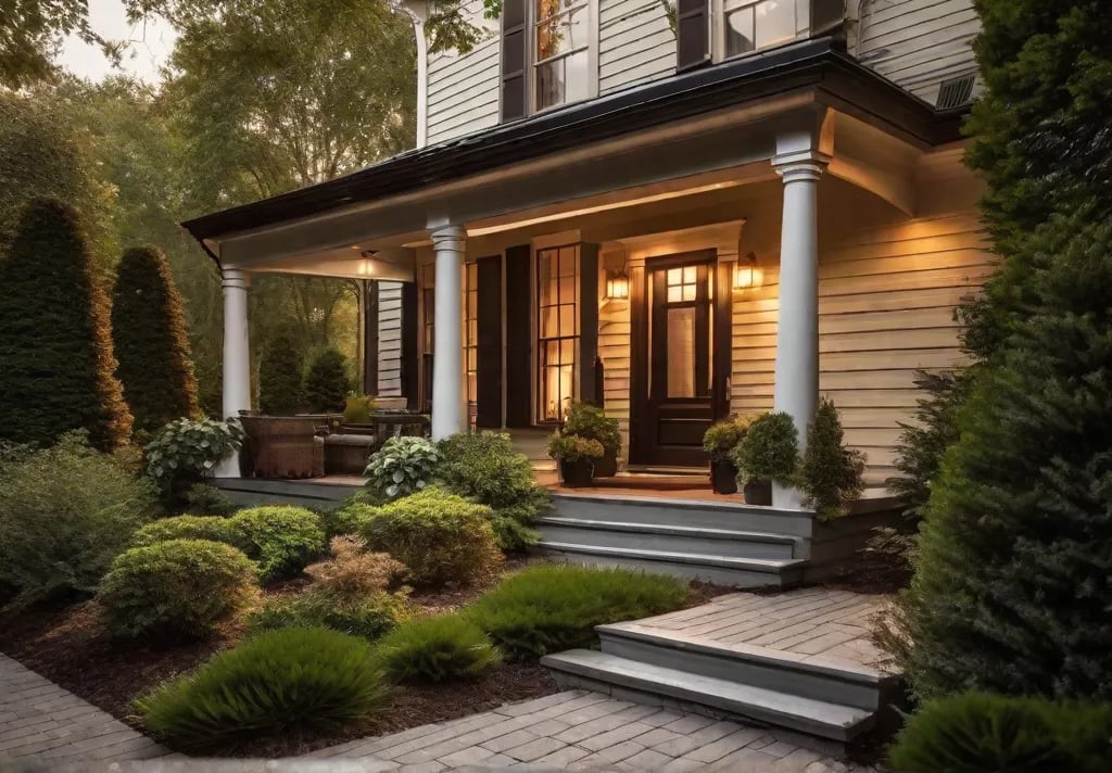 A pathway leading up to a front porch illuminated by stylish solar path lights