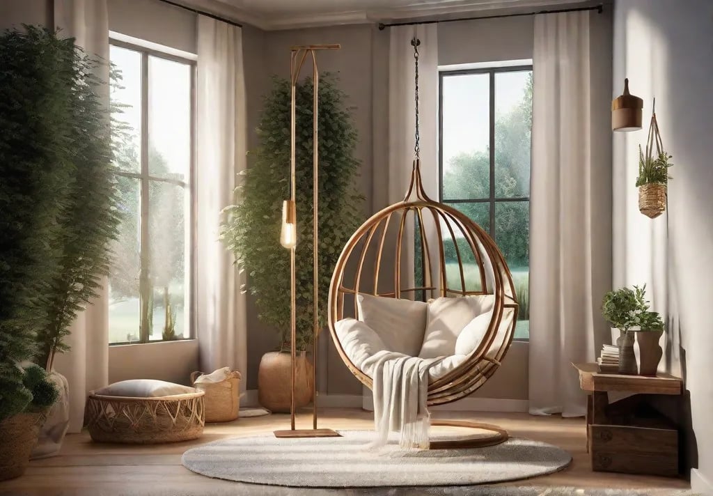 A peaceful corner featuring a DIY reading nook with a hanging chair