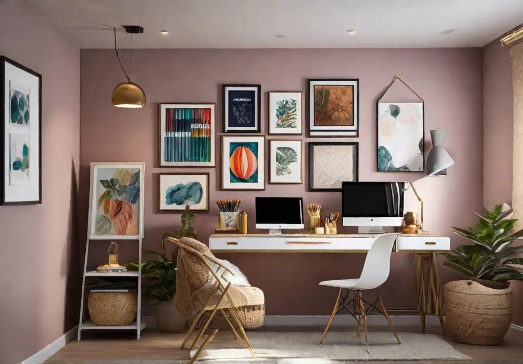 A personal art studio corner within a bedroom featuring a sleek modern