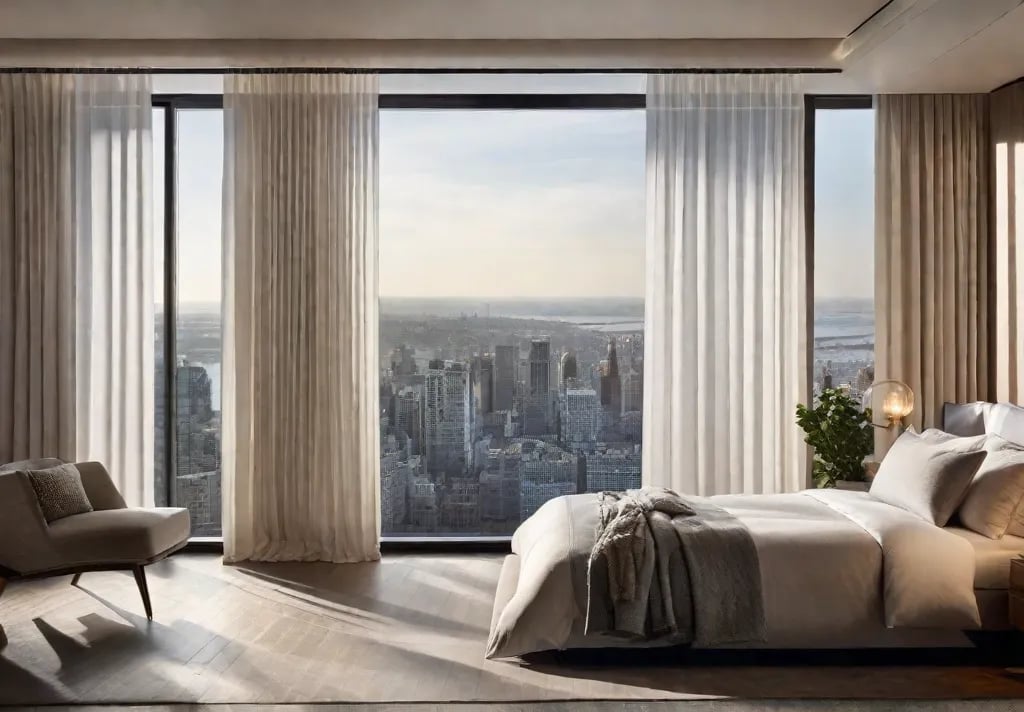 A perspective shot of a bedroom bathed in natural light sheer curtains