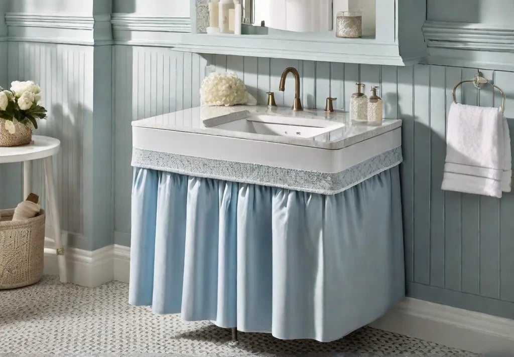 A photo of a neat and organized bathroom with a sink skirt