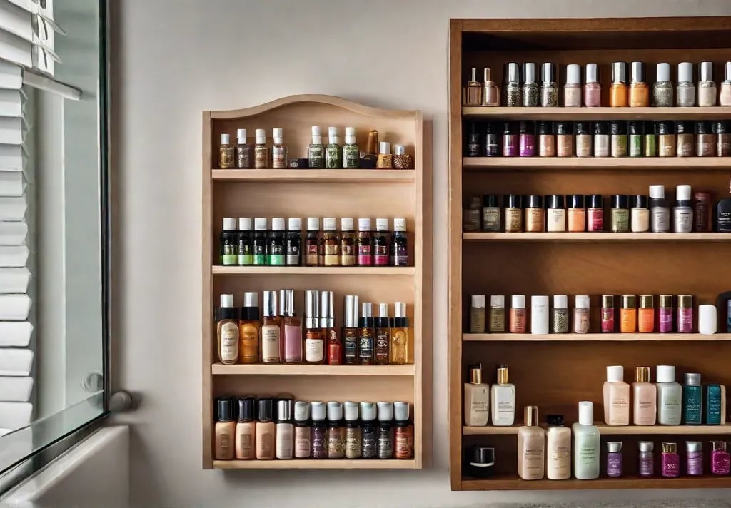A photo of a spice rack mounted on the wall of a bathroom