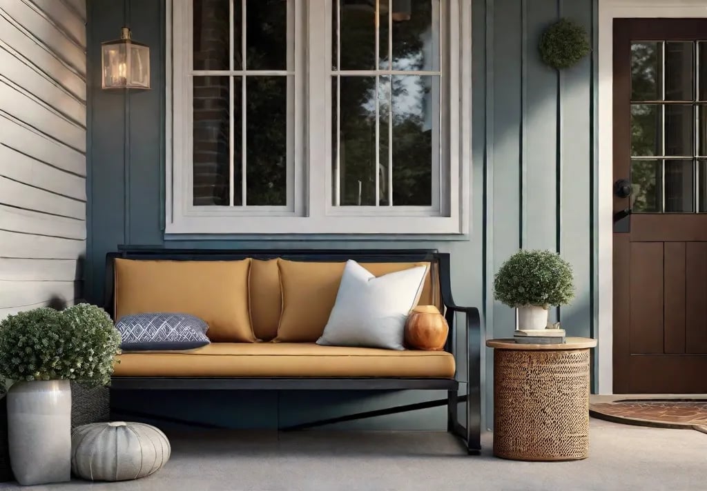 A practical yet stylish front porch featuring functional additions a sleek metal umbrella stand