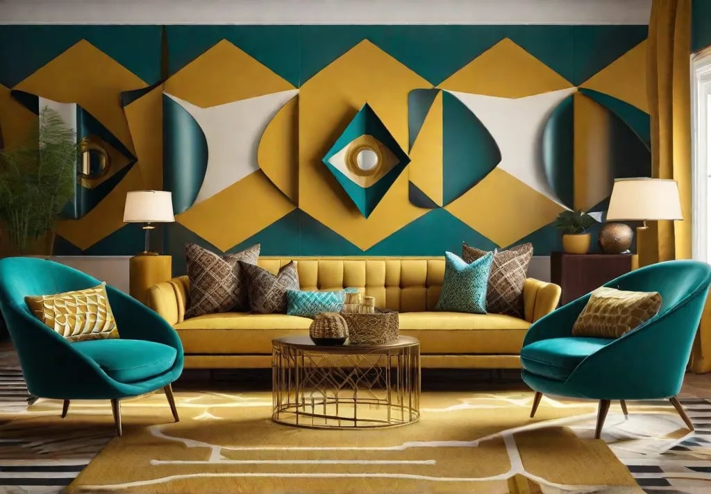 A retro chic living room featuring mustard yellow walls