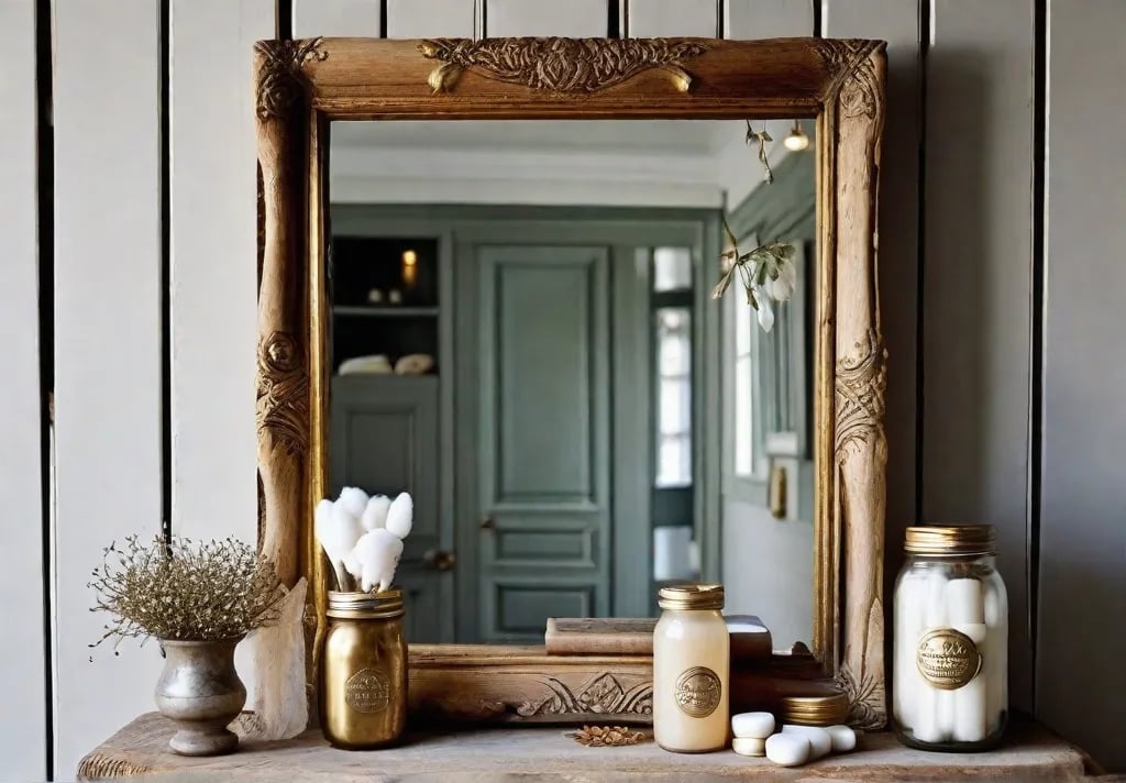 A rustic bathroom with a handmade soap dish made from a piece of driftwood