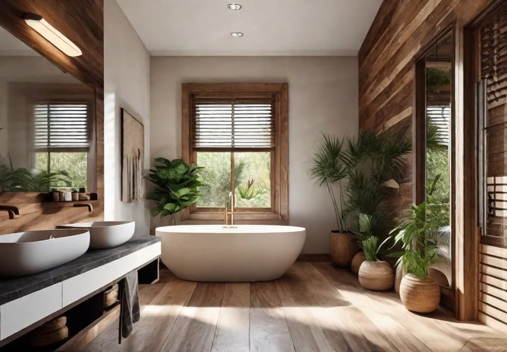 A rustic bathroom with natural stone countertops
