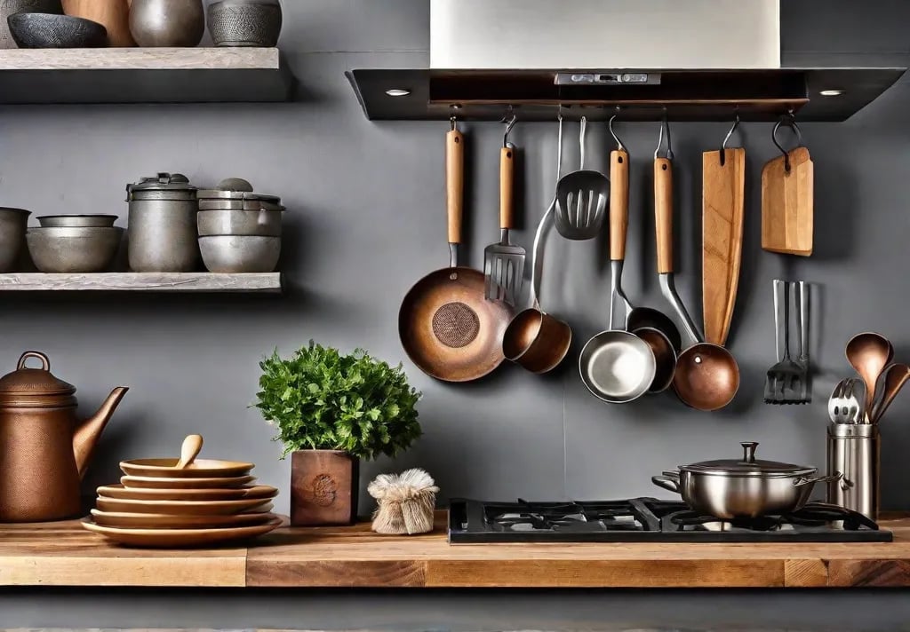 A rustic kitchen setting displaying a reclaimed wood art piece