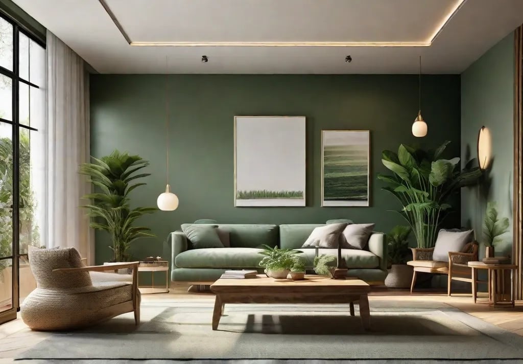 A serene living room featuring walls painted in soothing sage green