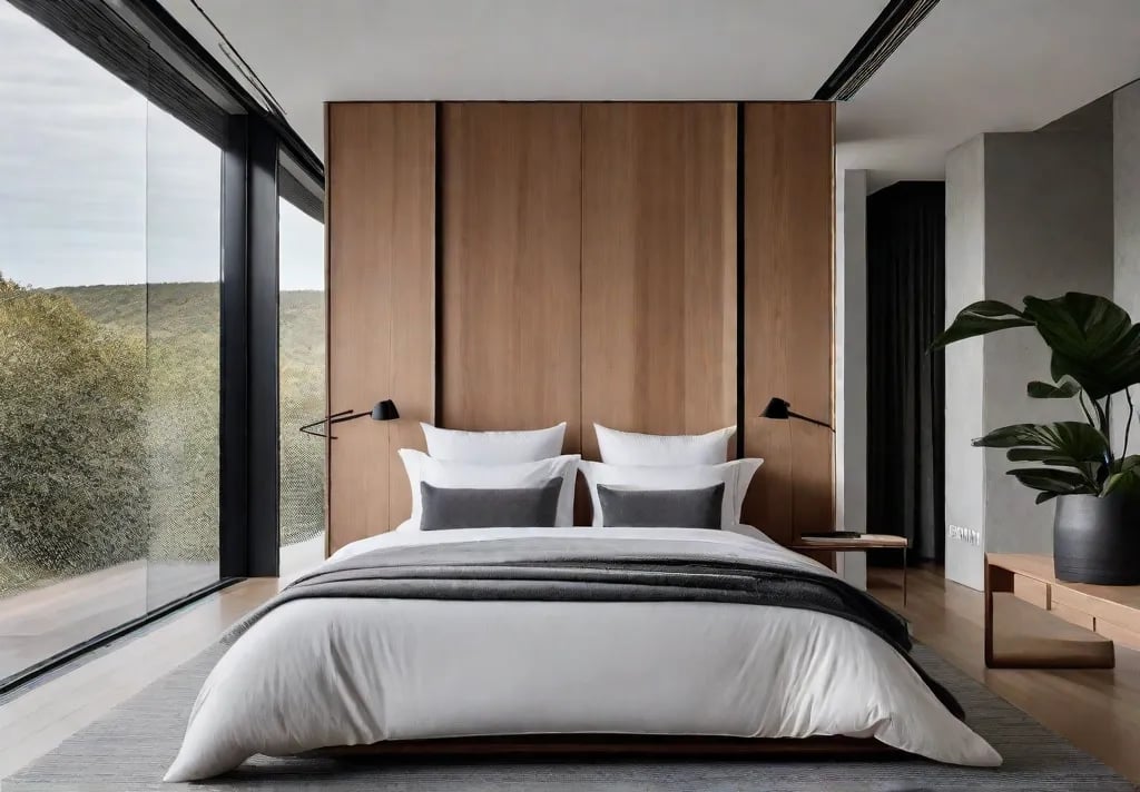A serene minimalist bedroom with floortoceiling windows filtering in soft natural light