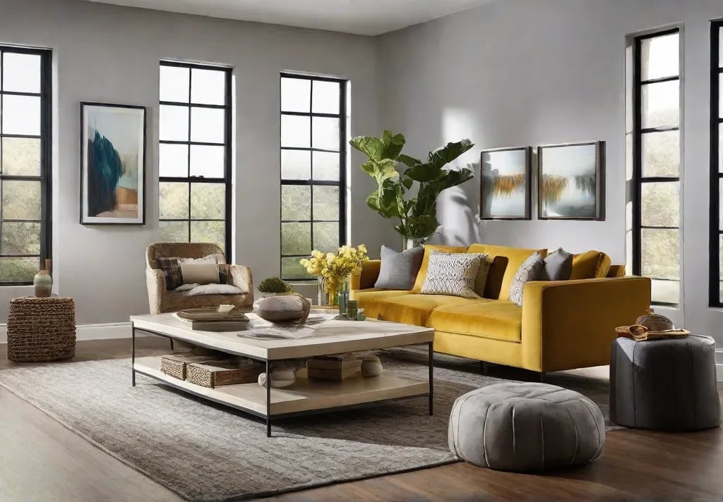 A series of living room photos showing a before and after comparison