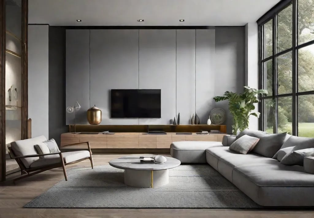 A sleek and modern living room with walls painted in a light