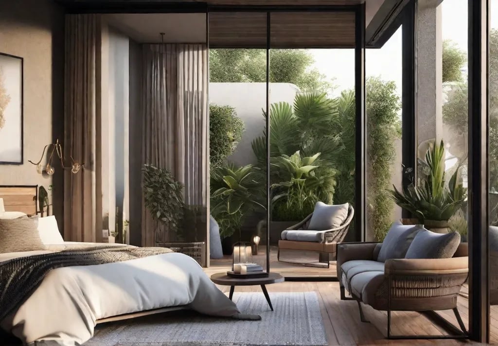 A sleek modern bedroom balcony transformation with glass sliding doors connecting the
