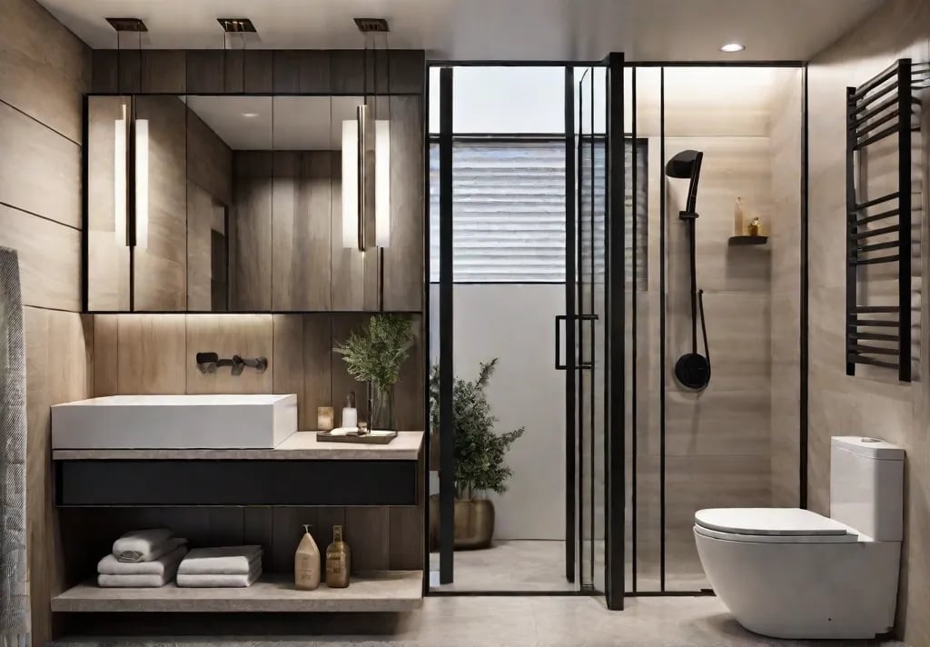 A small bathroom is transformed through clever storage solutions