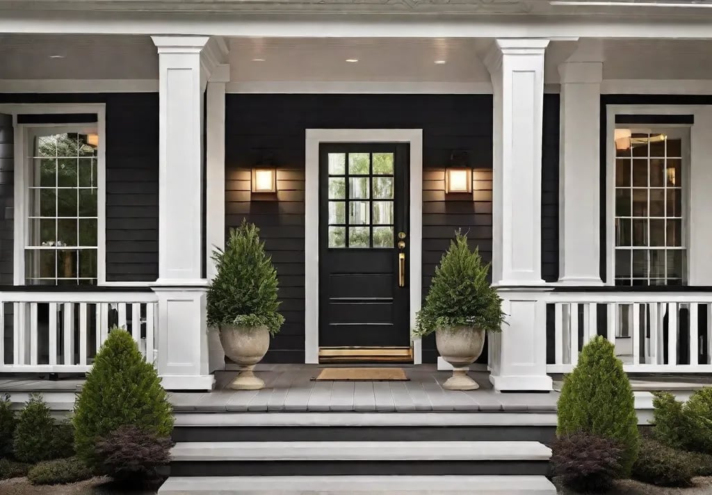 A small front porch transformed by expertly chosen lighting