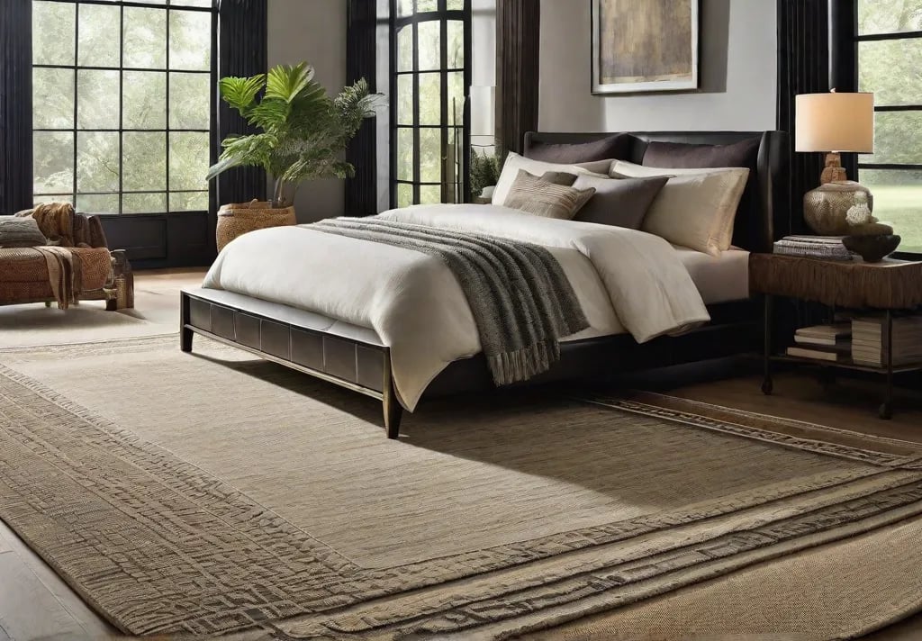 A soft and inviting flooring arrangement with multiple layers of rugs featuring