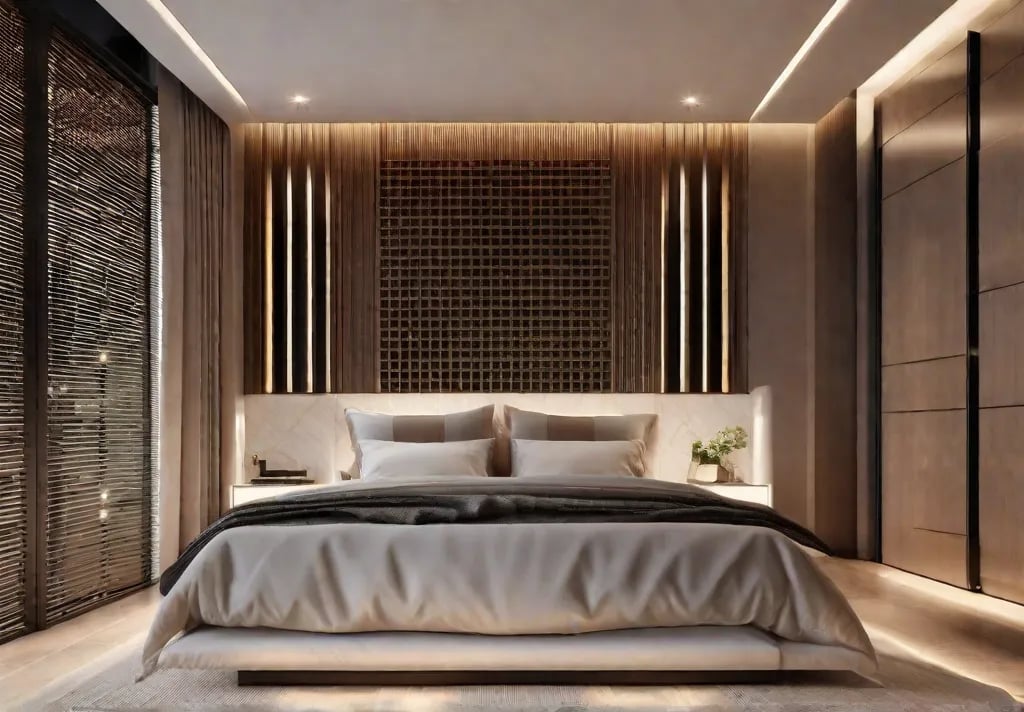 A sophisticated bedroom illuminated by smart lighting which smoothly transitions from a