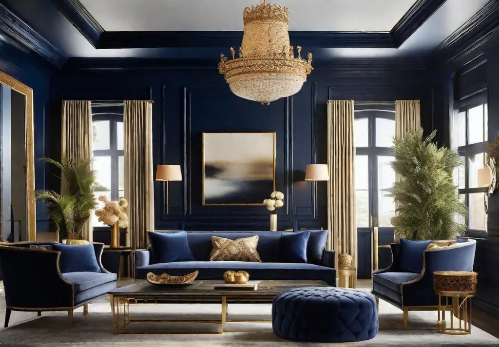 A striking living room featuring rich navy walls