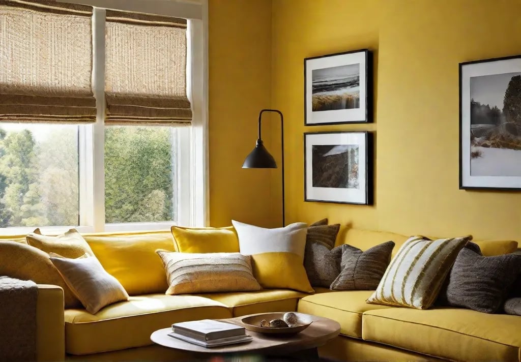 A sunlit corner of a living room painted in cheerful yellow