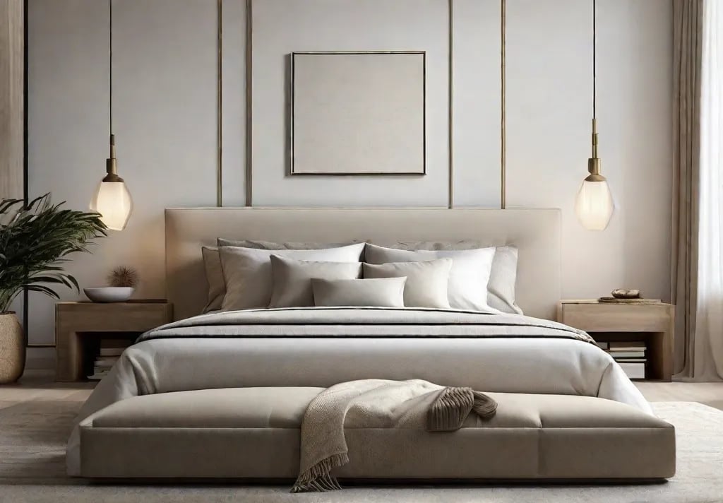 A tranquil Zen bedroom featuring minimalist furniture lowprofile bed frame with a