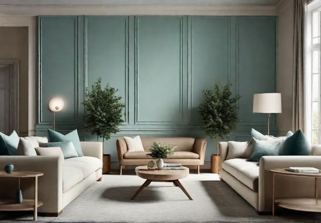 A tranquil living room with walls painted in a soft