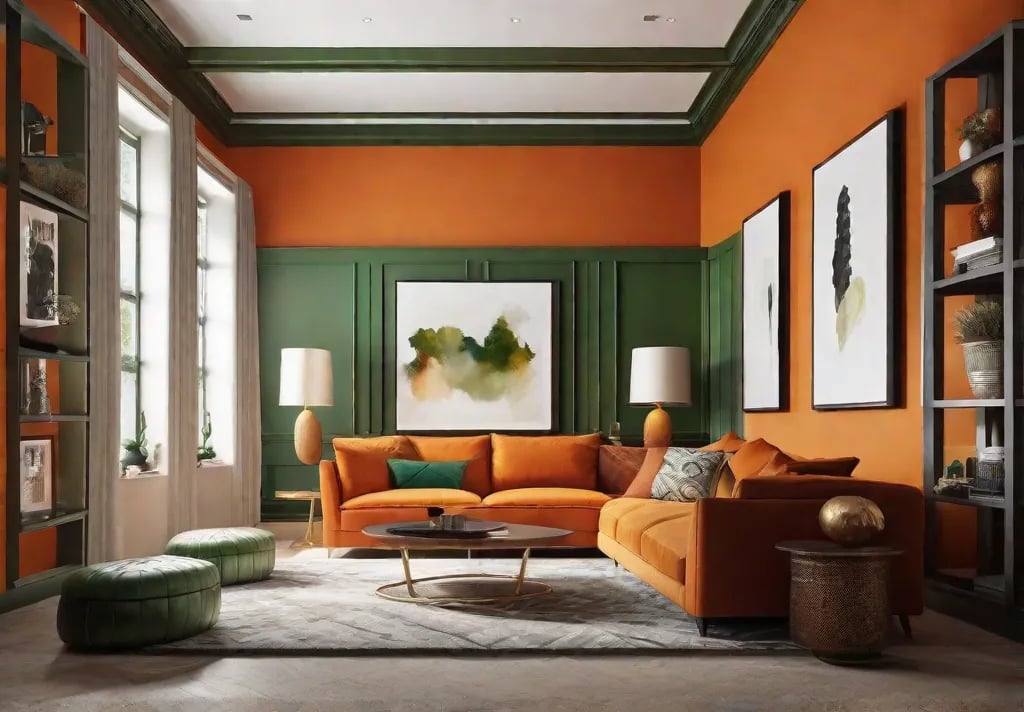 A vibrant space where one wall is painted in an eye catching warm orange