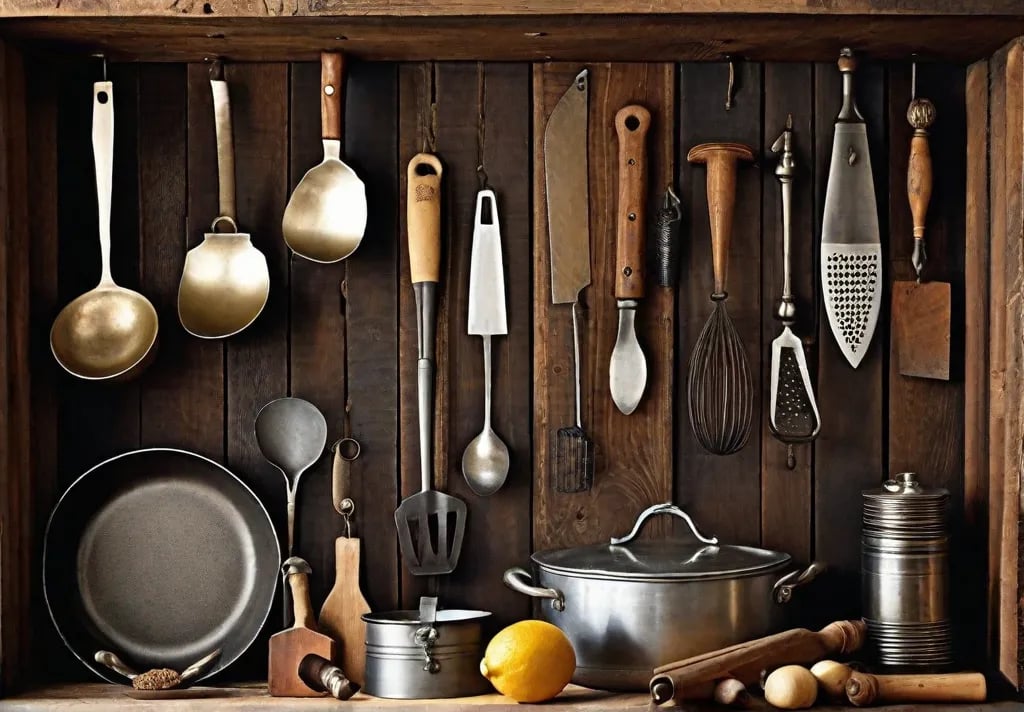 A vintage kitchen setting displaying an assortment of antique culinary tools mounted on a reclaimed wood board