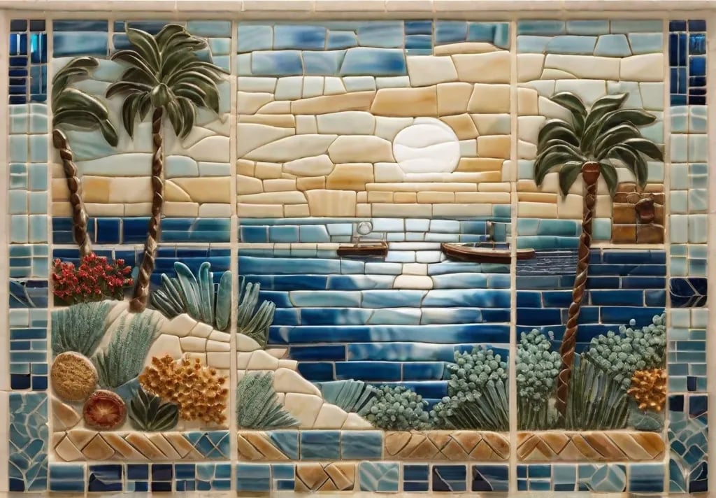 An artisanal kitchen backsplash featuring a handcrafted tile mosaic of a Mediterranean seascape
