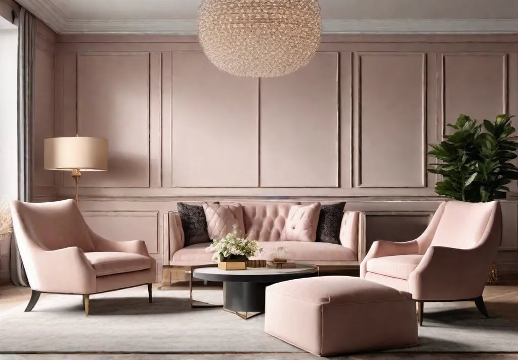 An elegant living room showcasing walls painted in soft blush pink