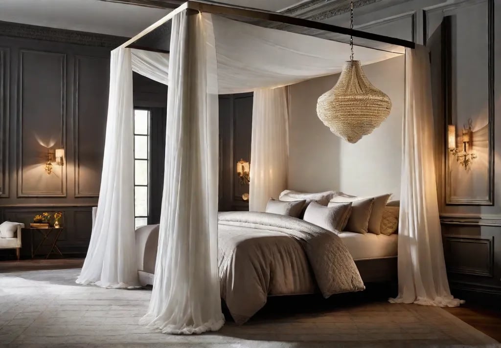 An enchanting canopy bed draped with sheer fabrics creating a dreamy secluded