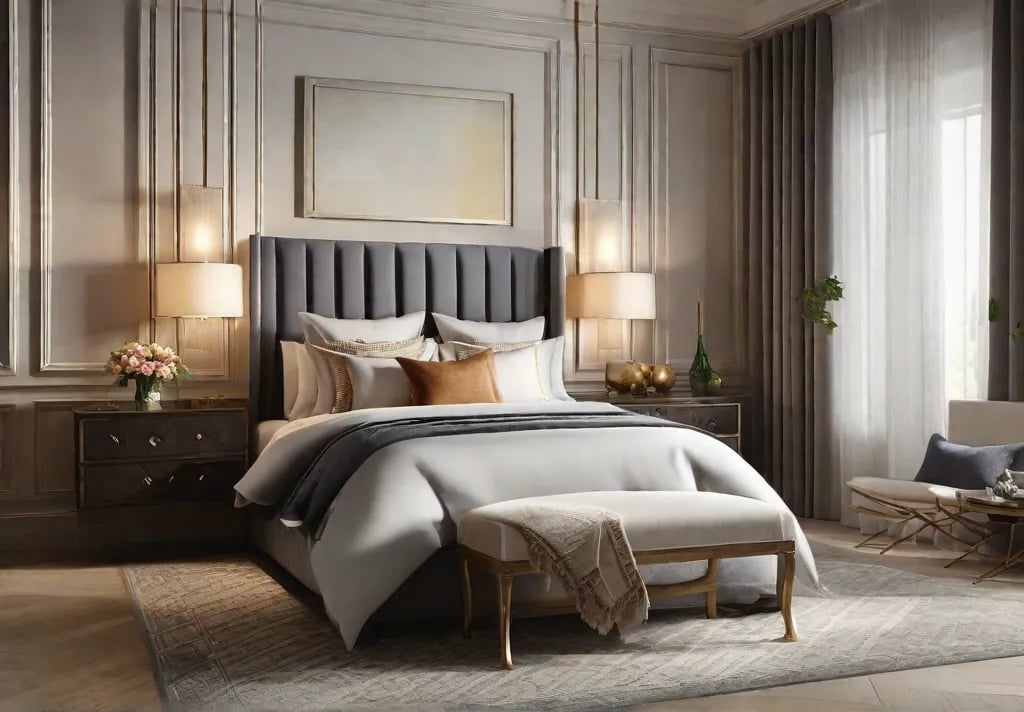 An inviting softlit bedroom with wallmounted sconces providing a warm glow complemented