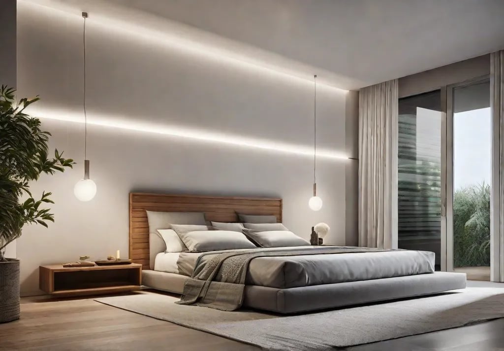 Closeup of a Zeninspired bedroom corner with natural wood nightstand a simplistic