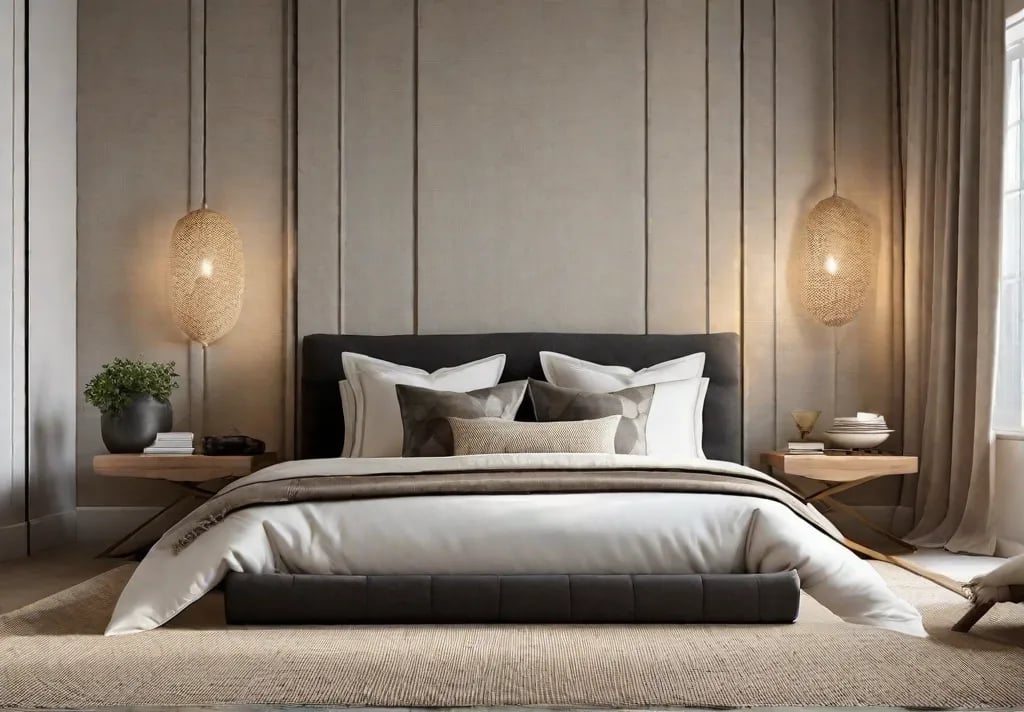 Cozy bedroom featuring a mix of textures a linencovered bed a wool