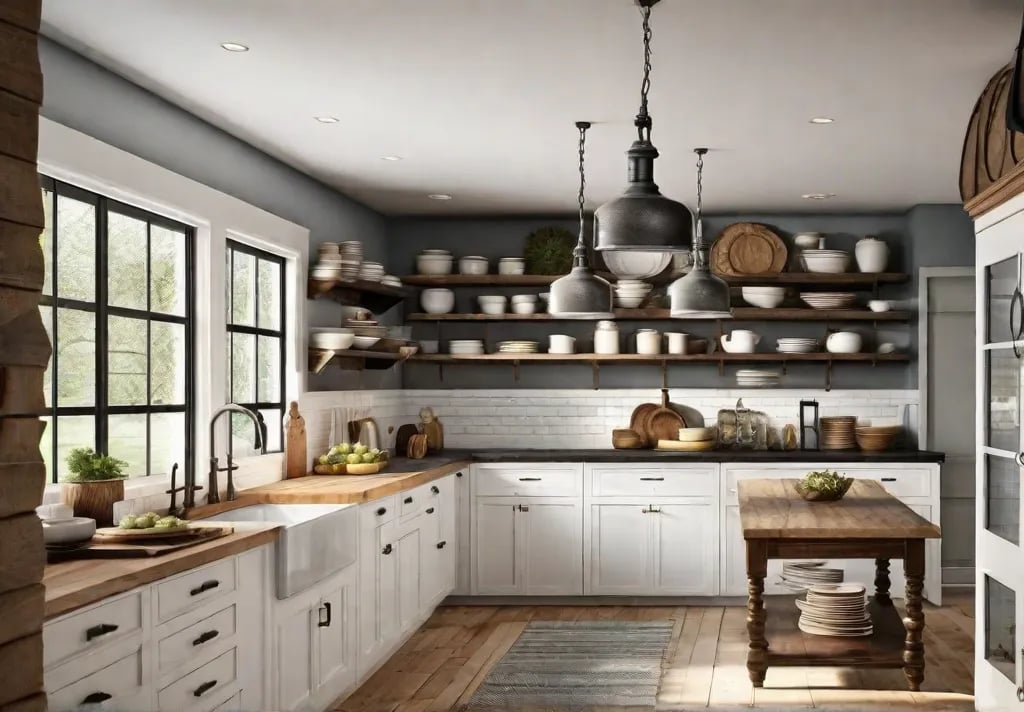 Cozy farmhouse style kitchen with floating wooden shelves
