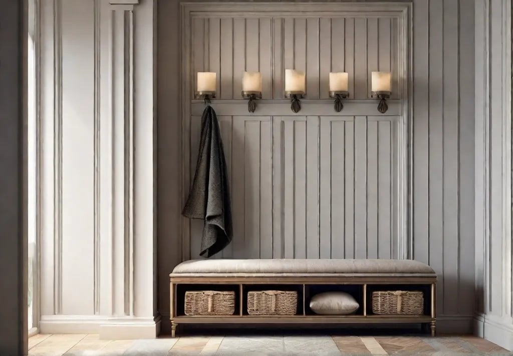 Decorated Entryway Bench An elegantly decorated entryway bench with a couple of throw pillows and a cozy blanket