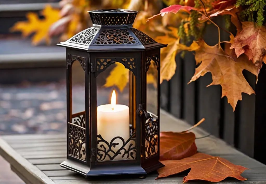 Lantern Close Up A close up image of an ornate metal lantern with a flickering LED candle inside