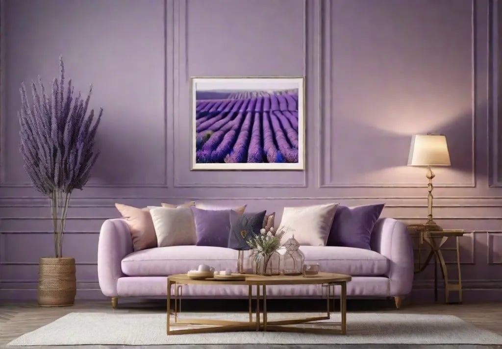 Soft lavender themed living room in the evening
