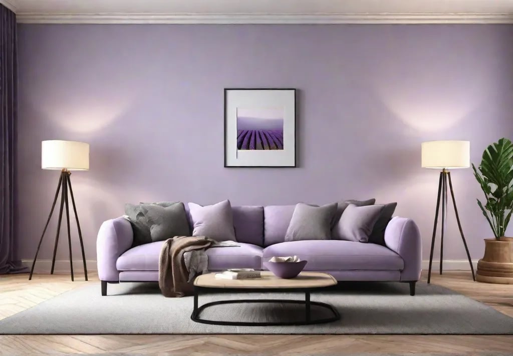 Soft lavender walls in a modern living room setup
