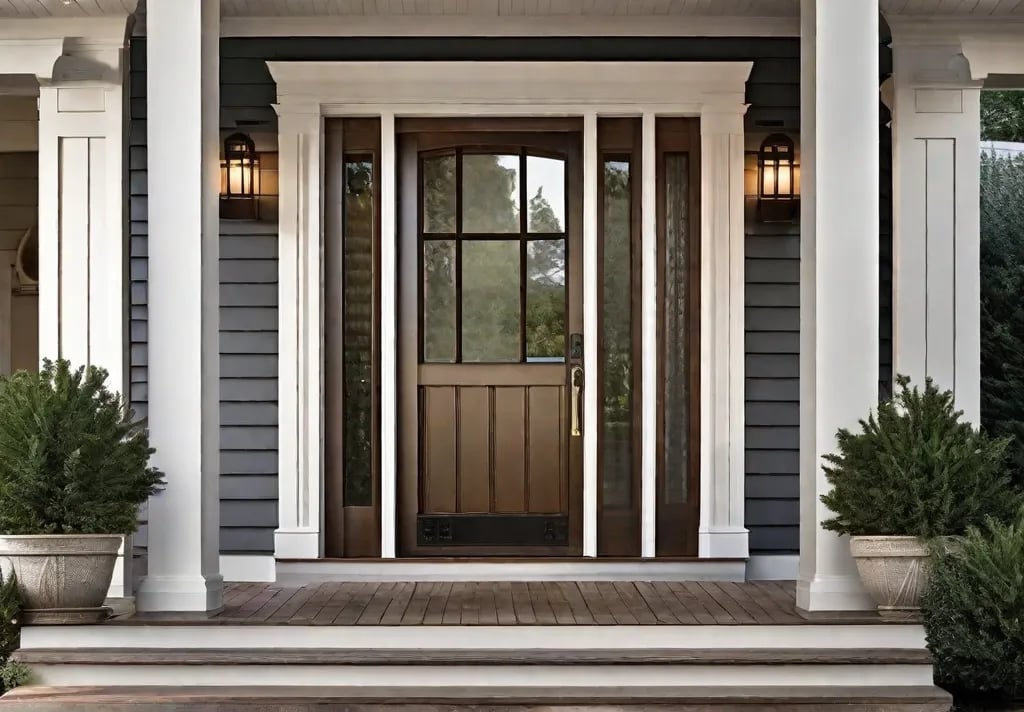 Wall mounted sconces flanking a front porch’s doorway