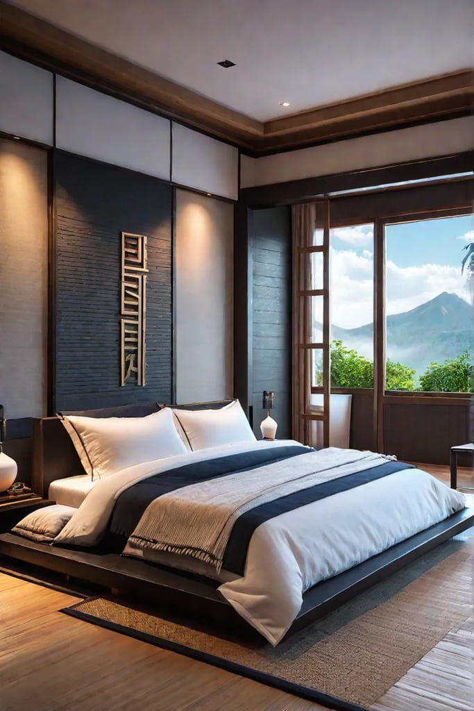 A Japaneseinspired bedroom that combines modern and traditional design elements featuring a