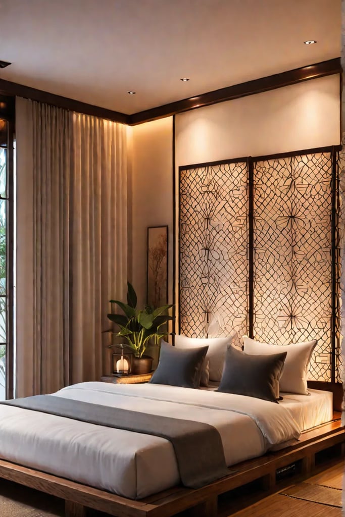 A Japaneseinspired bedroom with shoji screens a low platform bed and soft