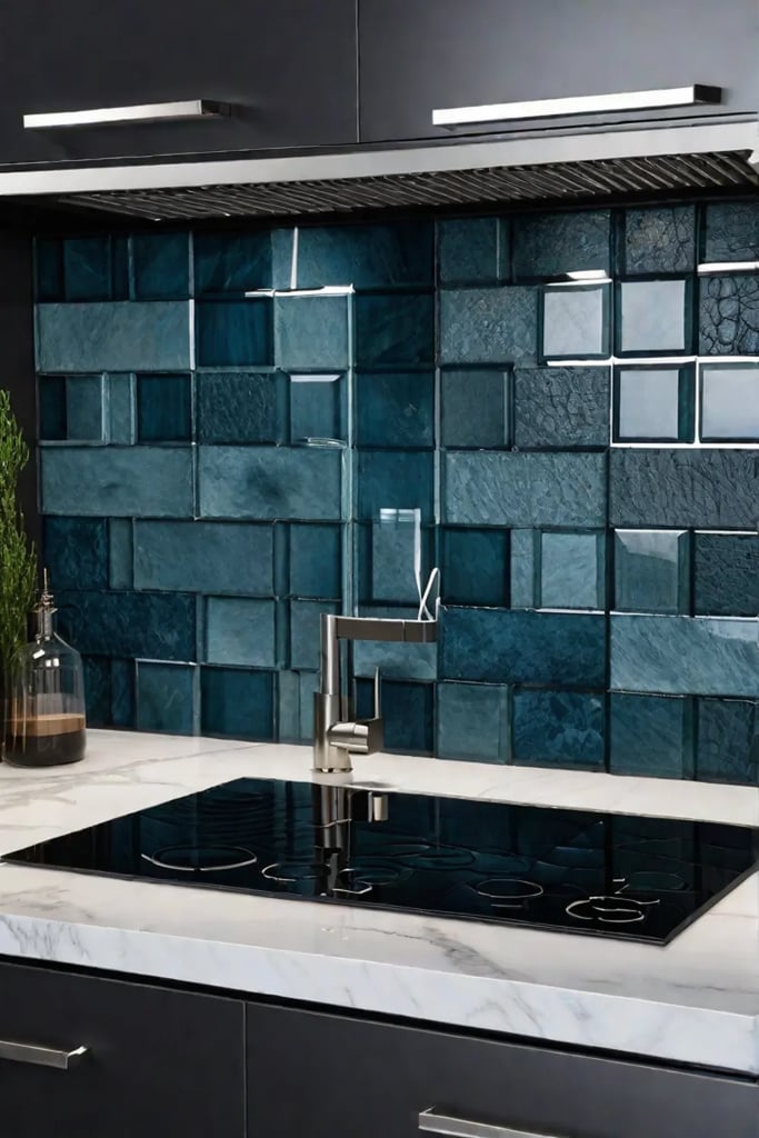 A beautifully curated coastal kitchen with a backsplash that combines natural stone