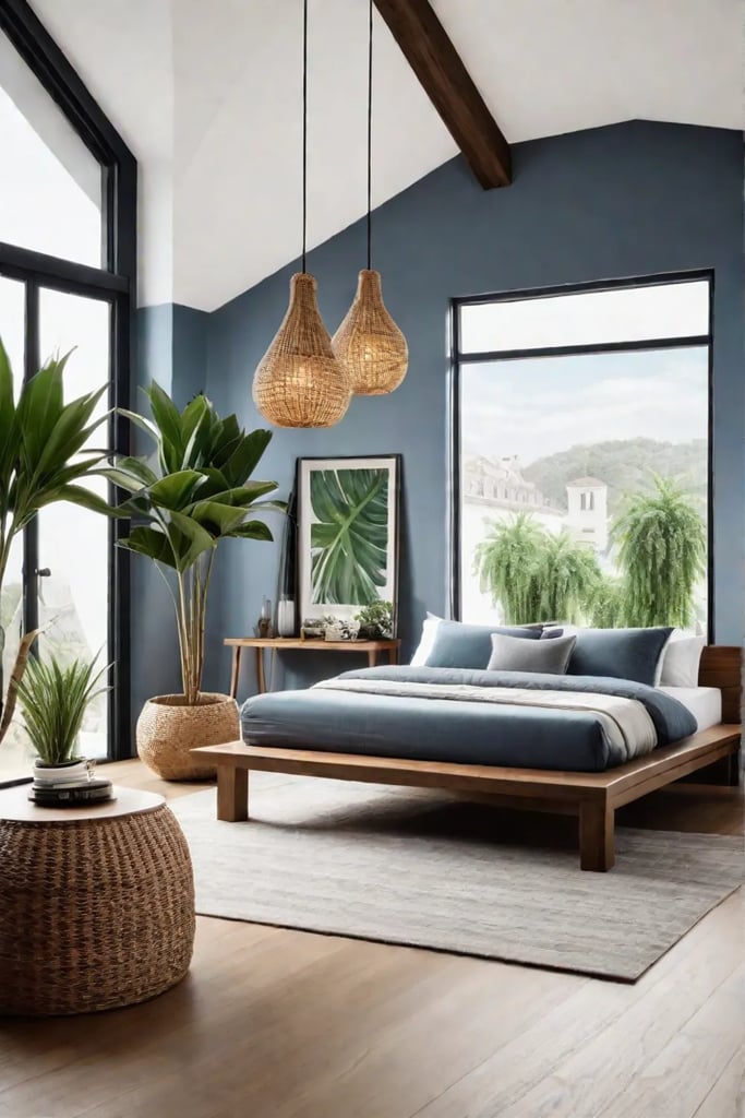A bedroom with a recycled glass pendant light fixture a woven rattan