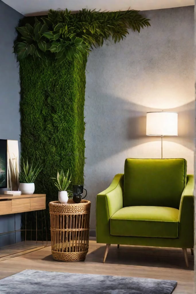 A bedroom with a stunning living moss wall a comfortable rattan armchair