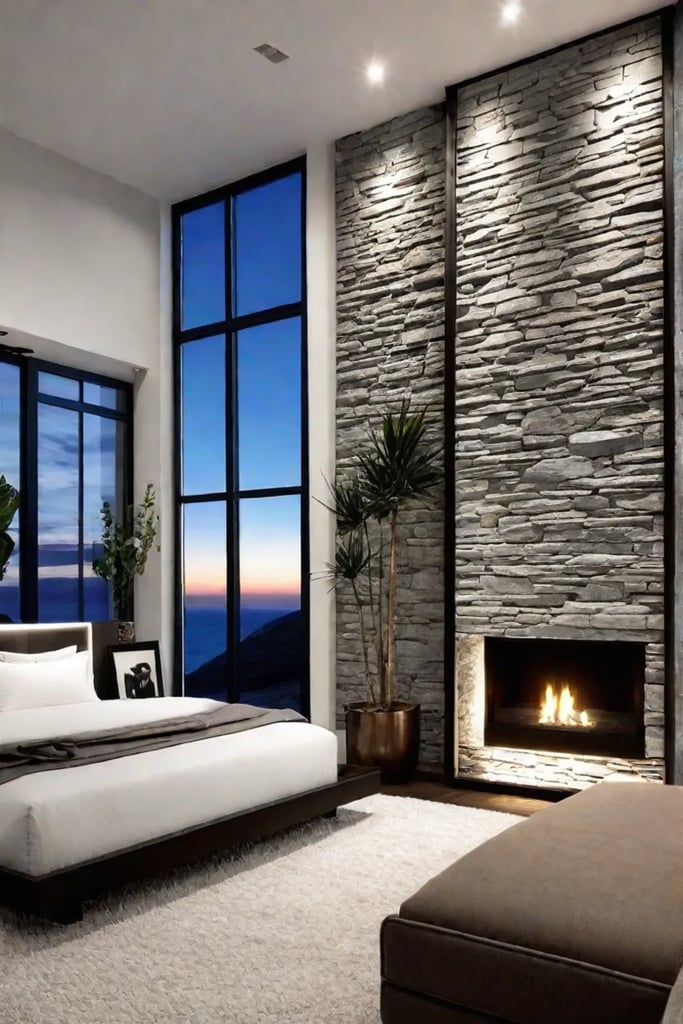 A bedroom with a stunning natural stone accent wall energyefficient pendant lighting