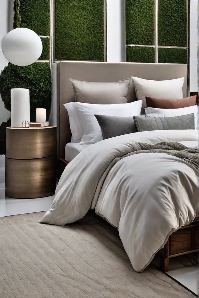 A birds eye view of a bed capped with a handwoven throw