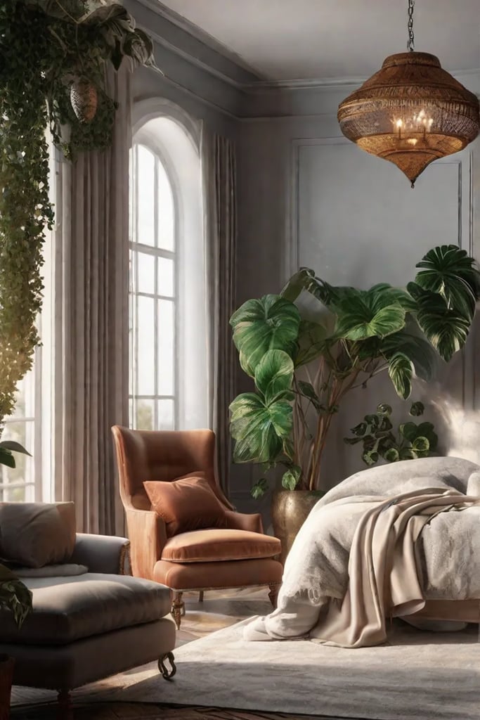 A bohemian bedroom corner with a Moroccan pouf a small antique chest