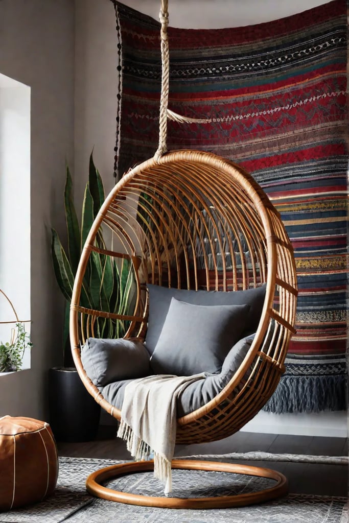 A bohochic bedroom featuring a hanging chair a woven wall hanging and
