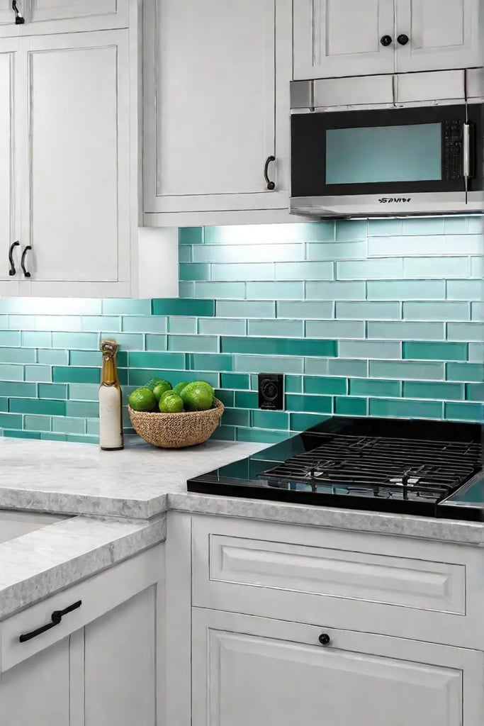 A bright airy coastal kitchen with a backsplash of subway tiles in
