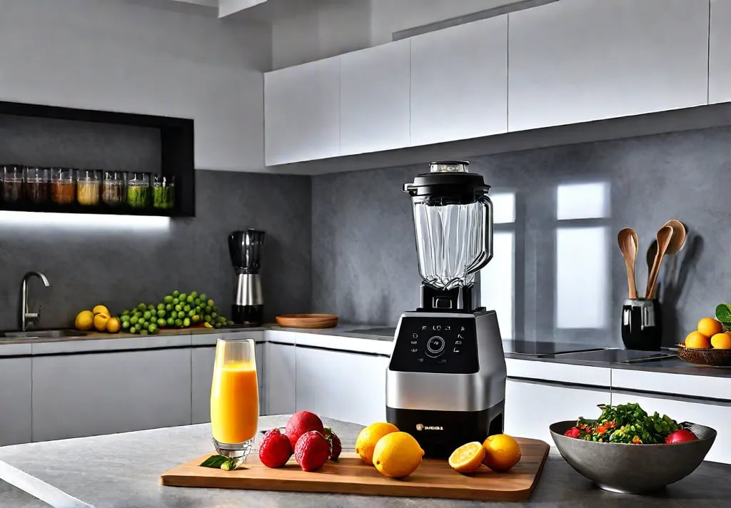 A bright and airy coastal kitchen showcasing a highefficiency blender on thefeat