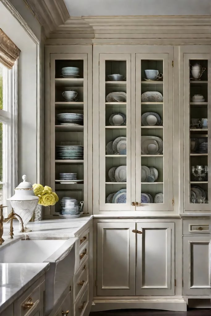 A classic butlers pantry filled with fine china and crystal glassware demonstrating